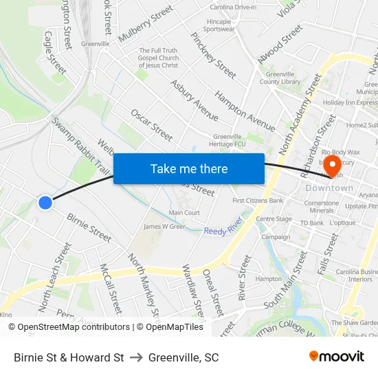 Birnie St & Howard St to Greenville, SC map