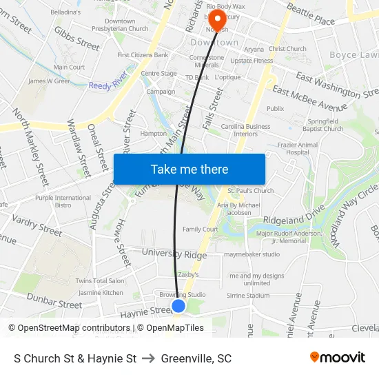 S Church St & Haynie St to Greenville, SC map