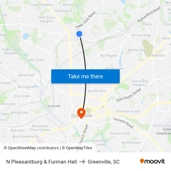N Pleasantburg & Furman Hall to Greenville, SC map