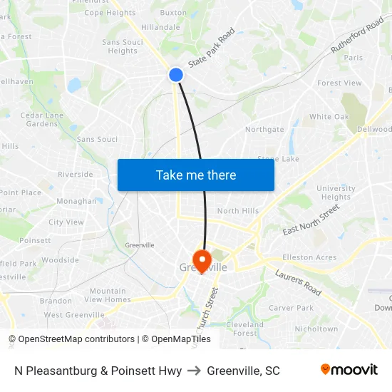 N Pleasantburg & Poinsett Hwy to Greenville, SC map