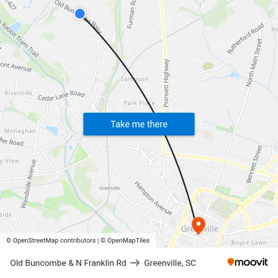 Old Buncombe & N Franklin Rd to Greenville, SC map