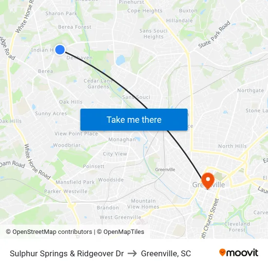 Sulphur Springs & Ridgeover Dr to Greenville, SC map