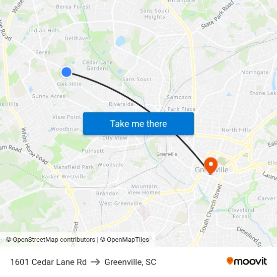 1601 Cedar Lane Rd to Greenville, SC map