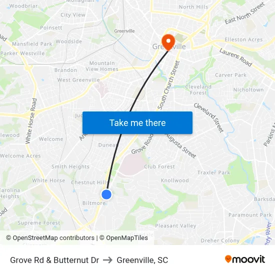 Grove Rd & Butternut Dr to Greenville, SC map
