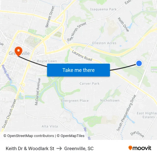 Keith Dr & Woodlark St to Greenville, SC map
