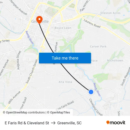 E Faris Rd & Cleveland St to Greenville, SC map