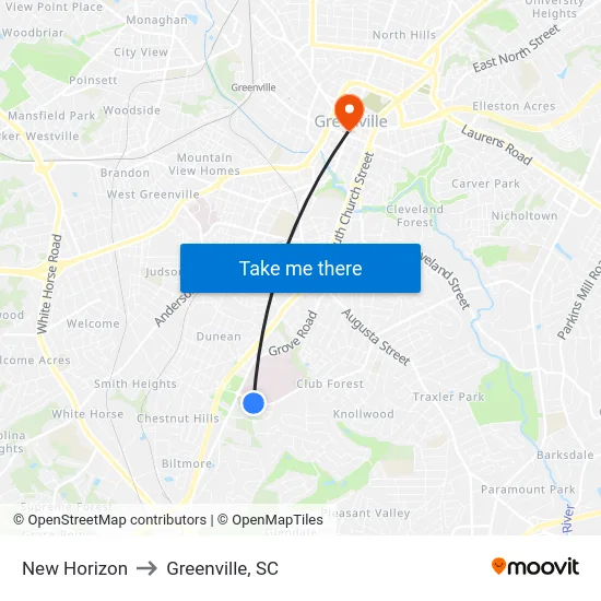New Horizon to Greenville, SC map