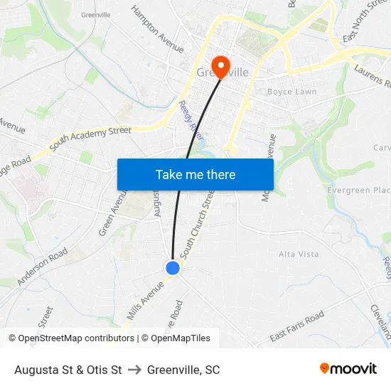 Augusta St & Otis St to Greenville, SC map