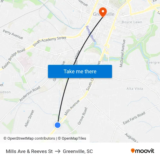 Mills Ave & Reeves St to Greenville, SC map