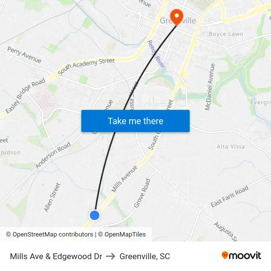 Mills Ave & Edgewood Dr to Greenville, SC map