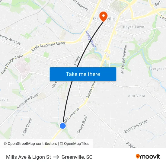 Mills Ave & Ligon St to Greenville, SC map