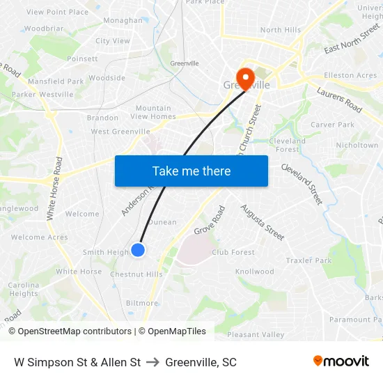 W Simpson St & Allen St to Greenville, SC map