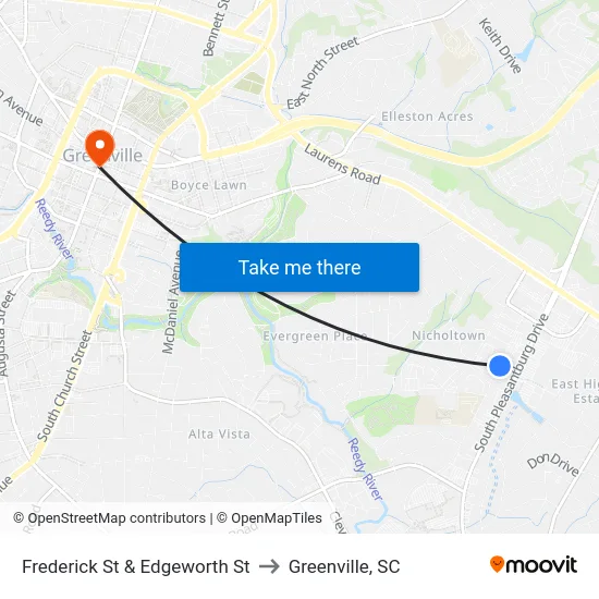 Frederick St & Edgeworth St to Greenville, SC map