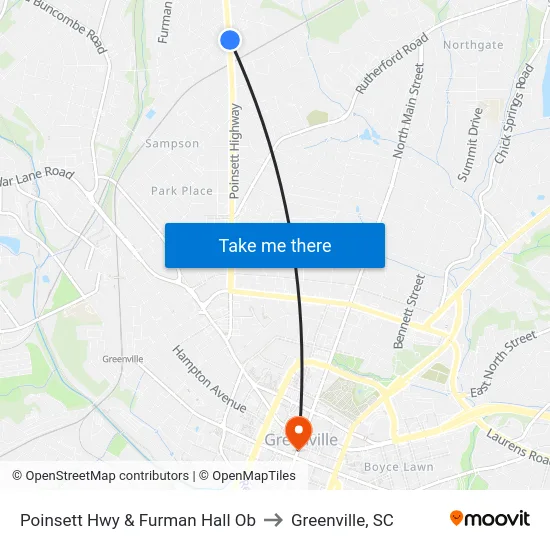 Poinsett Hwy & Furman Hall Ob to Greenville, SC map
