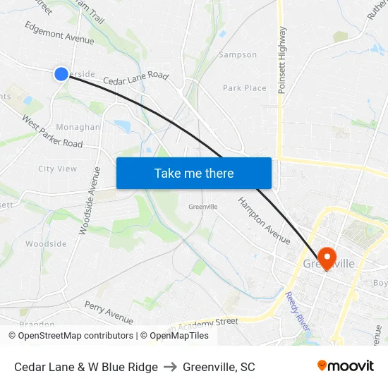 Cedar Lane & W Blue Ridge to Greenville, SC map
