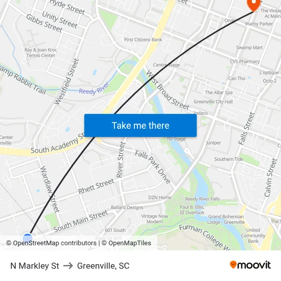 N Markley St to Greenville, SC map