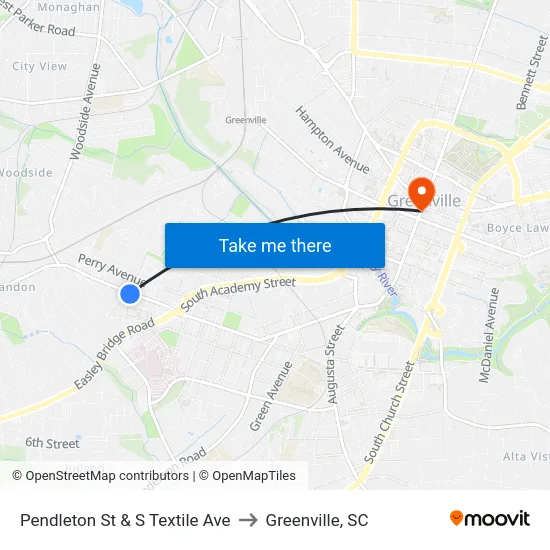 Pendleton St & S Textile Ave to Greenville, SC map