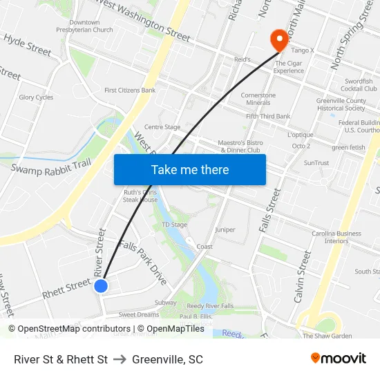 River St & Rhett St to Greenville, SC map