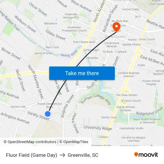 Fluor Field (Game Day) to Greenville, SC map