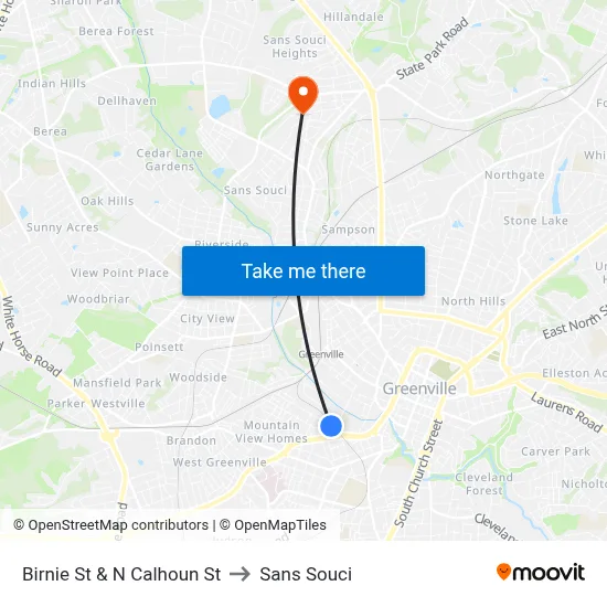 Birnie St & N Calhoun St to Sans Souci map
