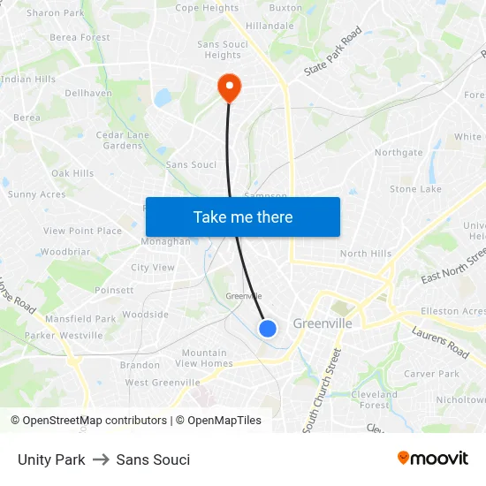 Unity Park to Sans Souci map