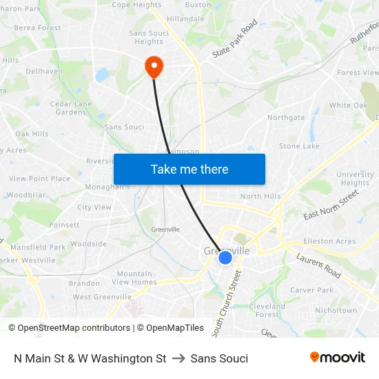 N Main St & W Washington St to Sans Souci map