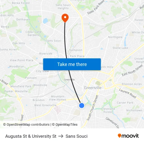 Augusta St & University St to Sans Souci map