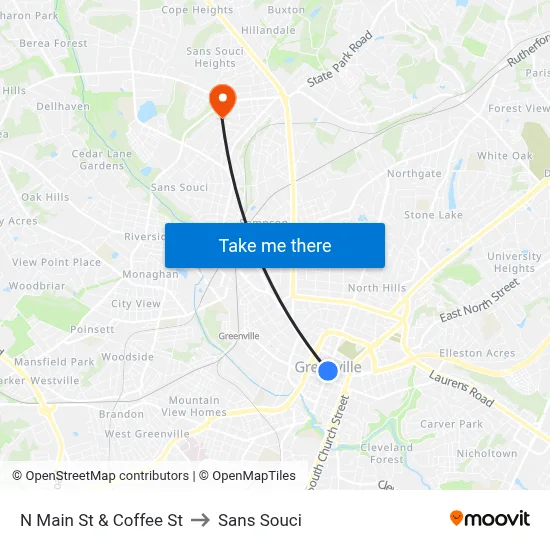 N Main St & Coffee St to Sans Souci map