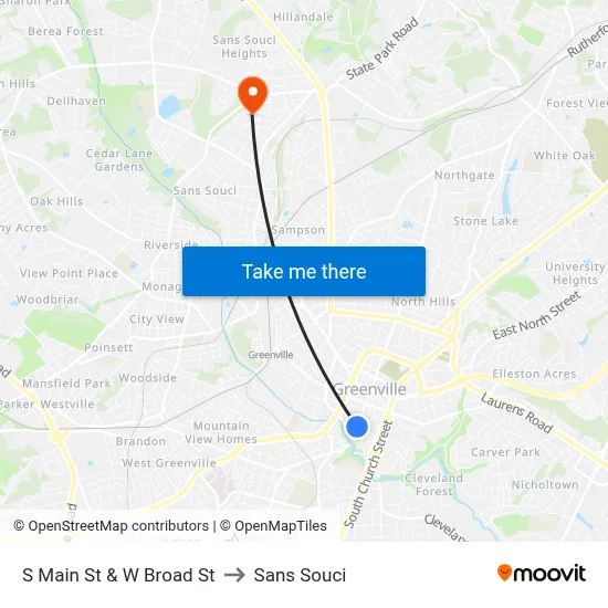 S Main St & W Broad St to Sans Souci map