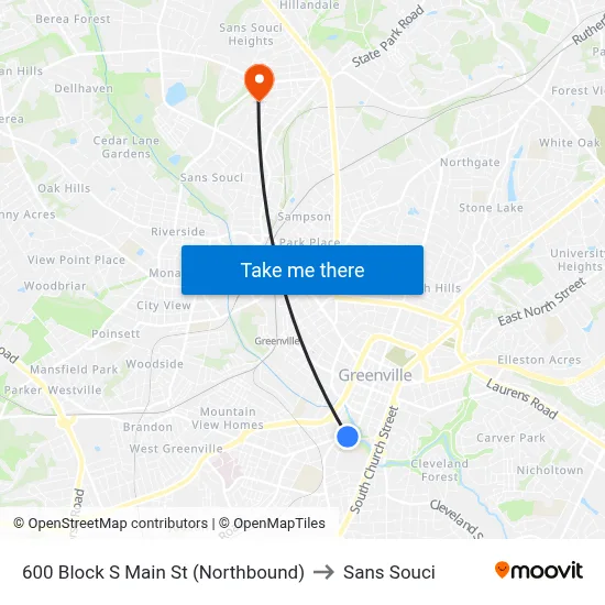 600 Block S Main St (Northbound) to Sans Souci map