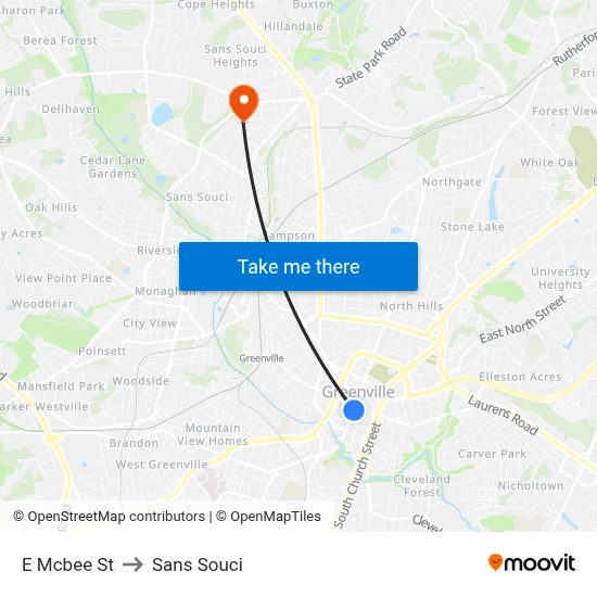 E Mcbee St to Sans Souci map