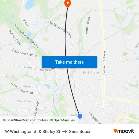 W Washington St & Shirley St to Sans Souci map