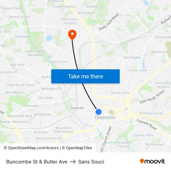 Buncombe St & Butler Ave to Sans Souci map
