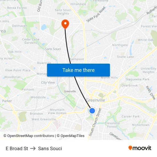 E Broad St to Sans Souci map