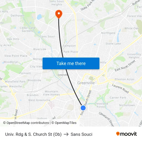 Univ. Rdg & S. Church St (Ob) to Sans Souci map