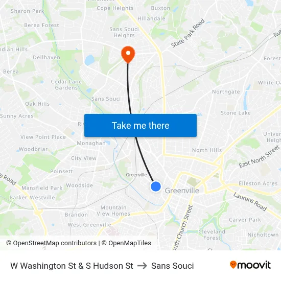 W Washington St & S Hudson St to Sans Souci map