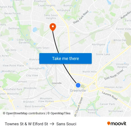 Townes St & W Elford St to Sans Souci map