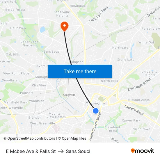 E Mcbee Ave & Falls St to Sans Souci map