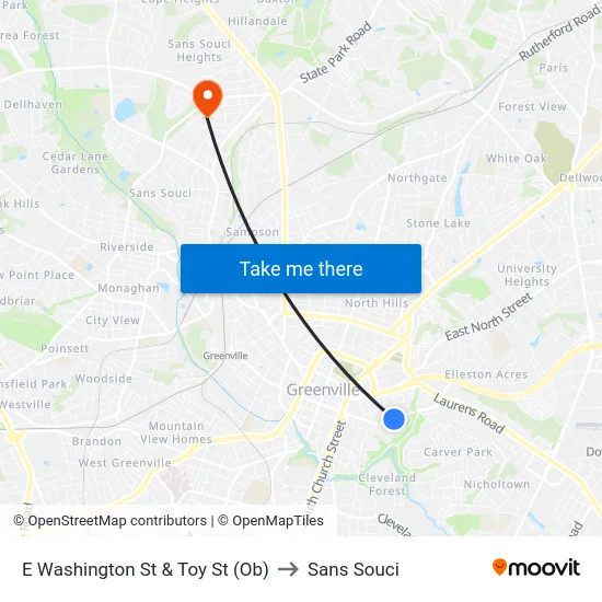 E Washington St & Toy St (Ob) to Sans Souci map