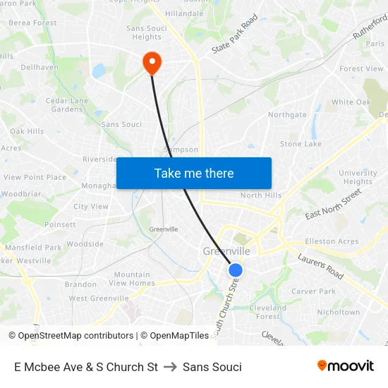 E Mcbee Ave & S Church St to Sans Souci map