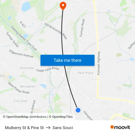 Mulberry St & Pine St to Sans Souci map