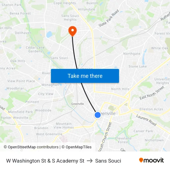 W Washington St & S Academy St to Sans Souci map