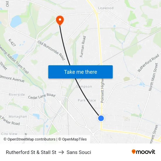 Rutherford St & Stall St to Sans Souci map