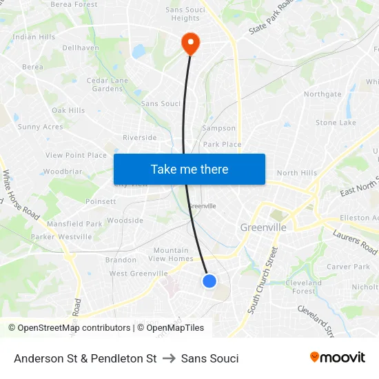 Anderson St & Pendleton St to Sans Souci map