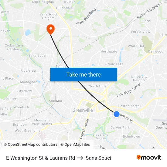 E Washington St & Laurens Rd to Sans Souci map