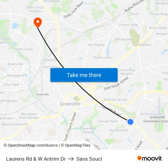 Laurens Rd & W Antrim Dr to Sans Souci map