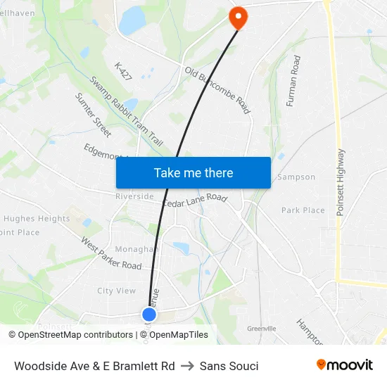 Woodside Ave & E Bramlett Rd to Sans Souci map