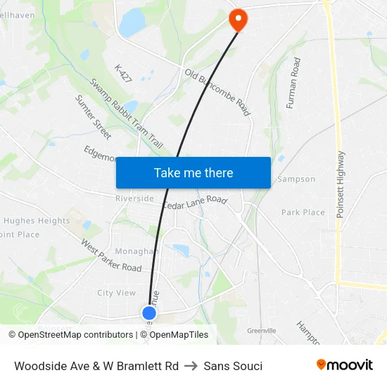 Woodside Ave & W Bramlett Rd to Sans Souci map