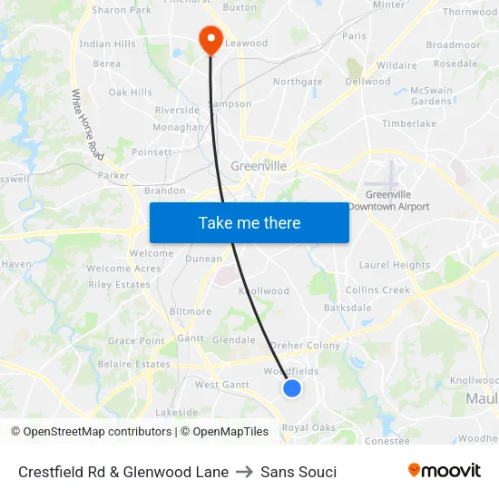 Crestfield Rd & Glenwood Lane to Sans Souci map