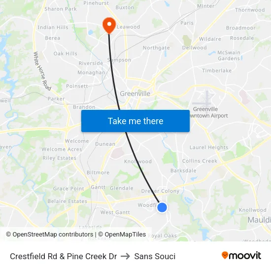 Crestfield Rd & Pine Creek Dr to Sans Souci map